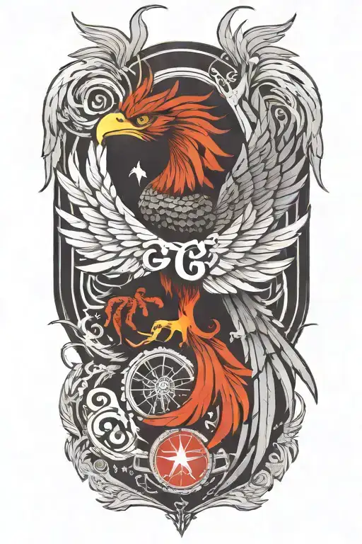 phoenix rising from the ashes,  with the text 'IGY6' us flag tattoo design idea