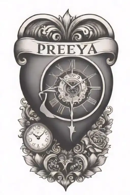 A traditional tattoo design featuring a heart with text 'Preeya' name and a clock face,  tattoo design idea