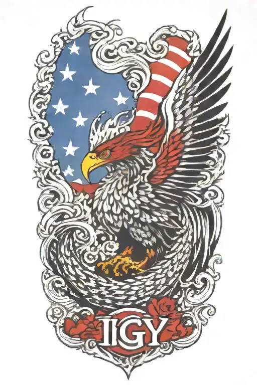 A letters ';IGY6' phoenix rising from the ashes,  with the letters 'IGY6' us flag tattoo design idea