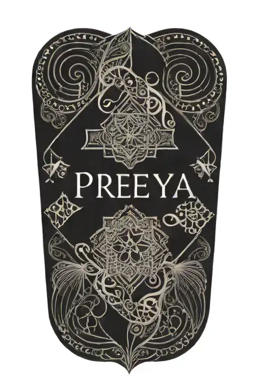 Create a geometric mandala tattoo featuring text 'Preeya' name intertwined with intricate patterns tattoo design idea
