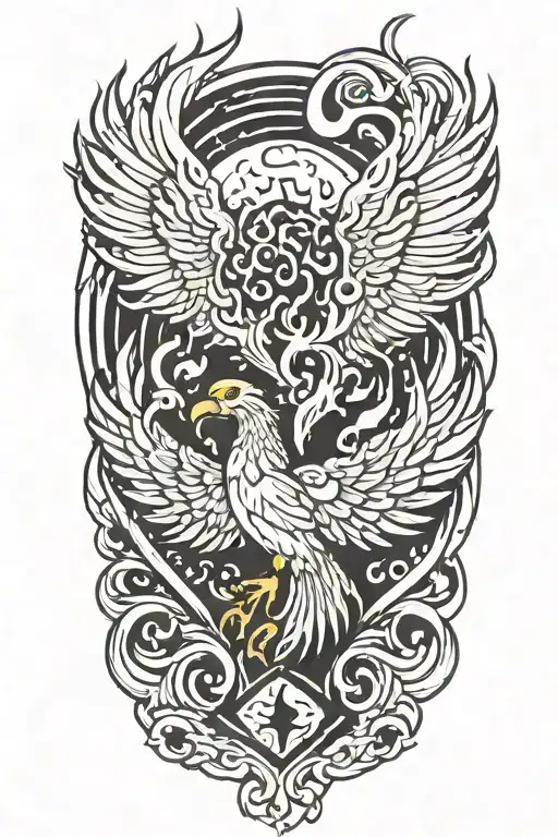 A traditional style tattoo of a phoenix rising from the ashes, symbolizing overcoming PTSD with the letters 'IGY6' subtly hidden in the flames tattoo design idea