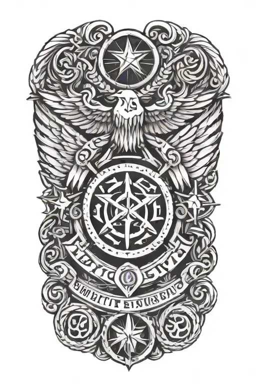 A tattoo design featuring the IGY6 symbol intertwined with elements of the US military insignia, representing strength and resilience tattoo design idea