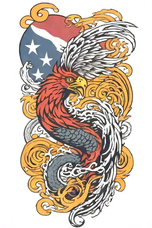 A phoenix rising from the ashes,  with the letters 'IGY6' us flag tattoo design idea