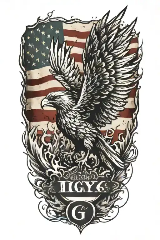 phoenix rising from the ashes,  with the text 'IGY6' us flag tattoo design idea