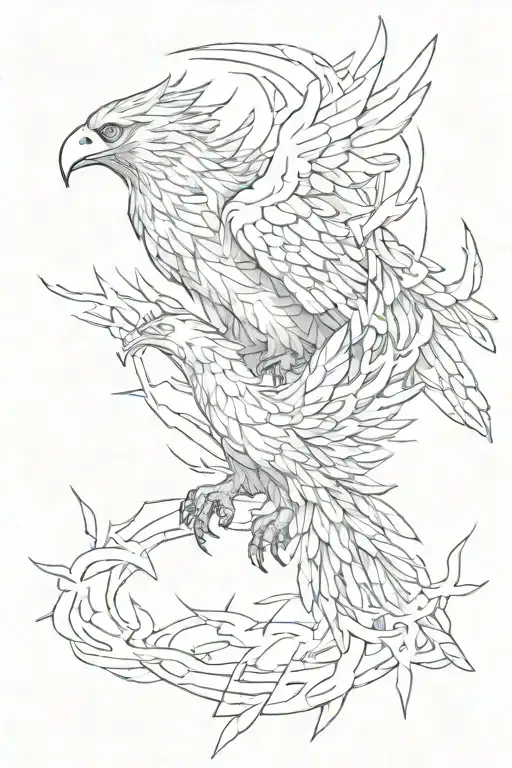 An abstract representation of a soldier's journey through PTSD, using symbolic imagery like broken chains and a phoenix rising from the ashes tattoo design idea