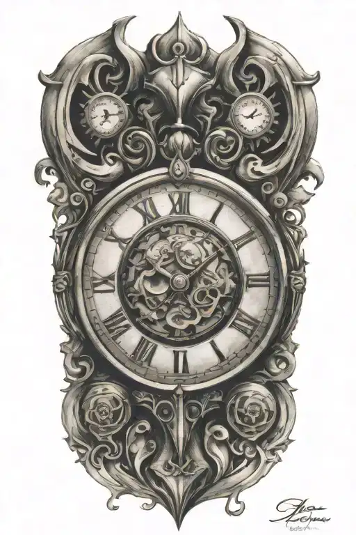 A traditional tattoo design featuring a heart with Preeya's name and a clock face, symbolizing eternal love and the passage of time tattoo design idea