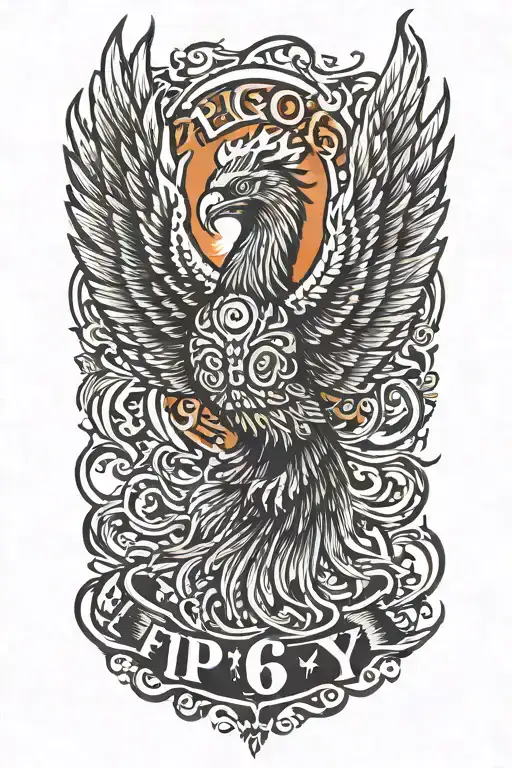 A traditional style tattoo of a phoenix rising from the ashes, symbolizing overcoming PTSD with the letters 'IGY6' subtly hidden in the flames tattoo design idea