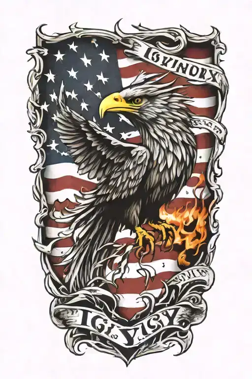 A text ';IGY6' phoenix rising from the ashes,  with the text 'IGY6' us flag tattoo design idea