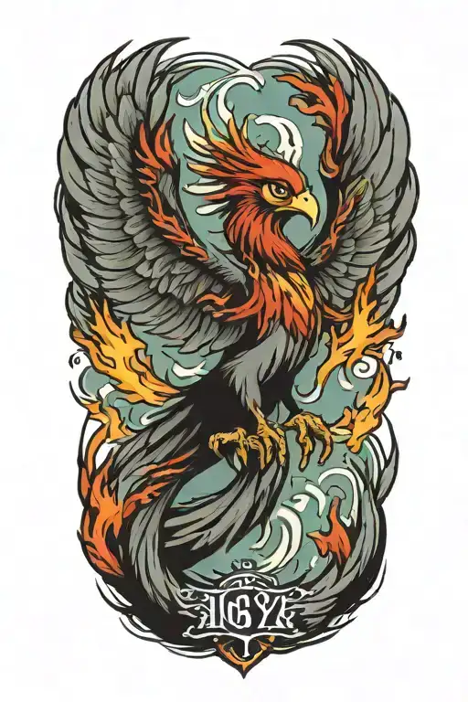 phoenix rising from the ashes,  with the text 'IGY6' us flag tattoo design idea