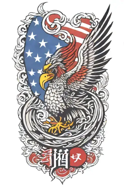 A letters ';IGY6' phoenix rising from the ashes,  with the letters 'IGY6' us flag tattoo design idea