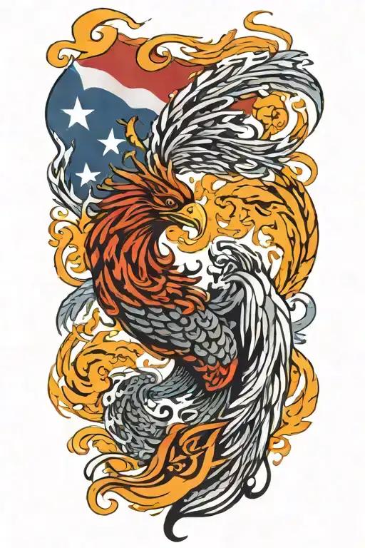 A phoenix rising from the ashes,  with the letters 'IGY6' us flag tattoo design idea