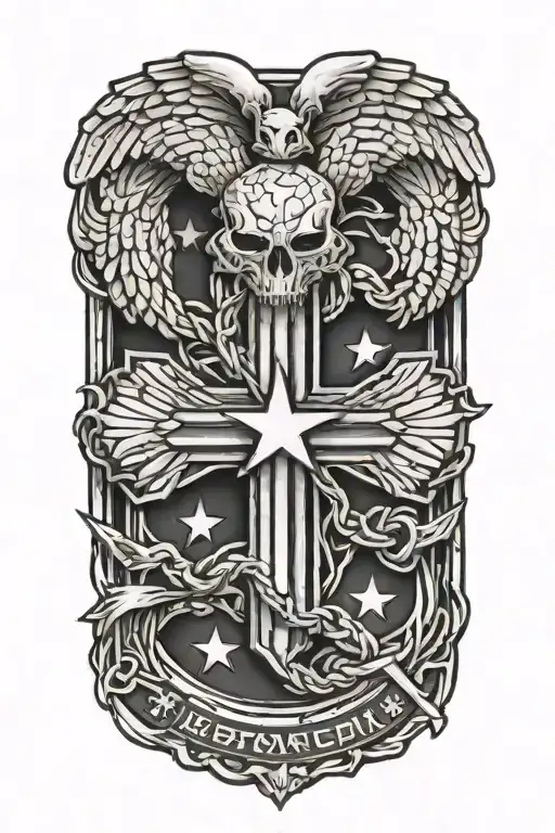 A tattoo design featuring the IGY6 symbol intertwined with elements of the US military insignia, representing strength and resilience tattoo design idea