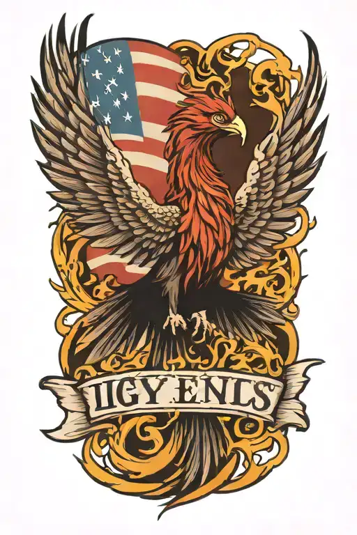 phoenix rising from the ashes,  with the text 'IGY6' us flag tattoo design idea