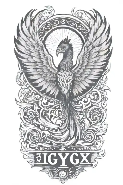 A traditional style tattoo of a phoenix rising from the ashes, symbolizing overcoming PTSD with the letters 'IGY6' subtly hidden in the flames tattoo design idea