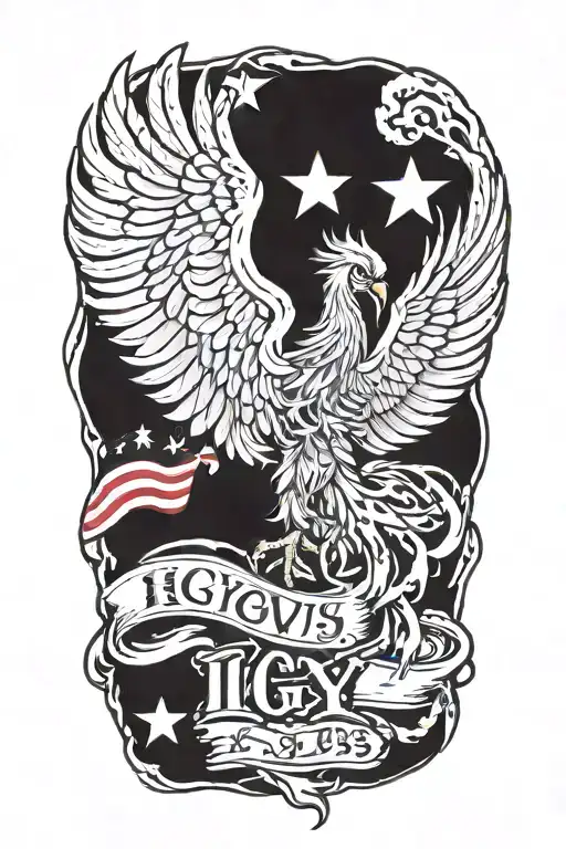 phoenix rising from the ashes,  with the text 'IGY6' us flag tattoo design idea