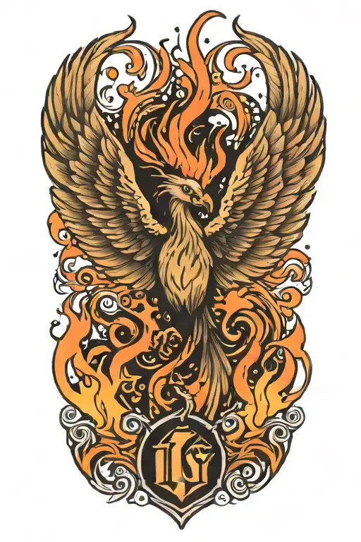 A traditional style tattoo of a phoenix rising from the ashes, symbolizing overcoming PTSD with the letters 'IGY6' subtly hidden in the flames tattoo design idea