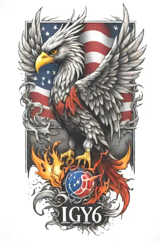 phoenix rising from the ashes,  with the text 'IGY6' us flag tattoo design idea