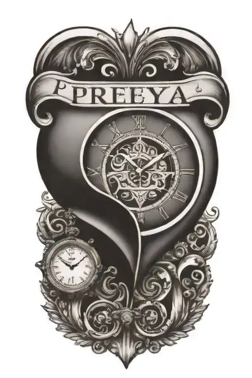 A traditional tattoo design featuring a heart with text 'Preeya' name and a clock face,  tattoo design idea