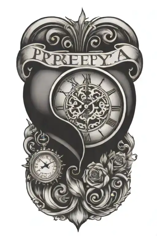A traditional tattoo design featuring a heart with text 'Preeya' name and a clock face,  tattoo design idea