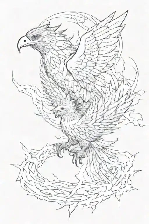 An abstract representation of a soldier's journey through PTSD, using symbolic imagery like broken chains and a phoenix rising from the ashes tattoo design idea