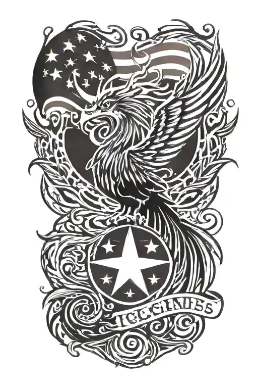 phoenix rising from the ashes,  with the text 'IGY6' us flag tattoo design idea