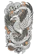 A traditional style tattoo of a phoenix rising from the ashes,  with the letters 'IGY6' us flag tattoo design idea