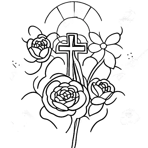 cross with the birth flowers of march, april, january, and 2 august tattoo design idea