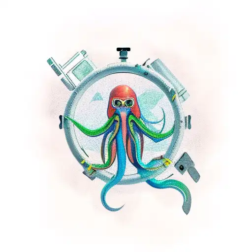 squid holding a diver and a computer tattoo design idea
