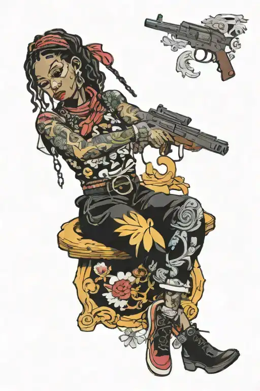 young thug girl holdin up a gun tattoo design idea