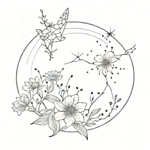 celestial garden with Sagittarius constellation and aster flower tattoo design idea