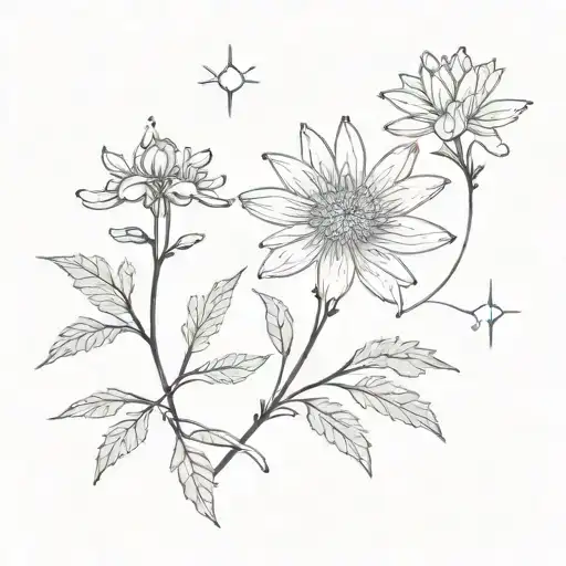 aster flower with roots growing and Sagittarius constellation  tattoo design idea