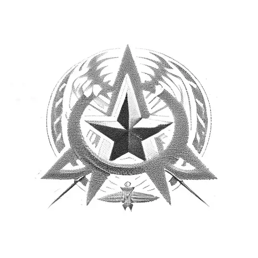 similar to emblem of USSR, but with a red star in the middle and a crescent-shaped sledgehammer and a screw on sides. tattoo design idea