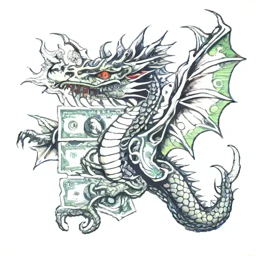 A fire-breathing dragon wrapped around dollar bills  tattoo design idea