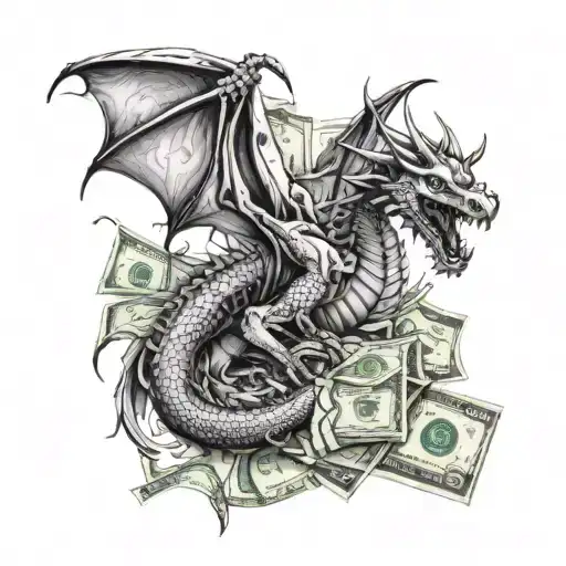 A fire-breathing dragon wrapped around dollar bills  tattoo design idea