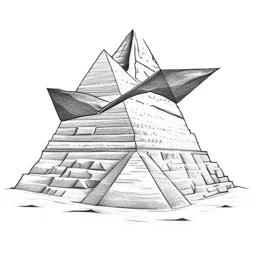 A sketch-style tattoo of an explorer standing in front of a pyramid, holding a map and compass tattoo design idea