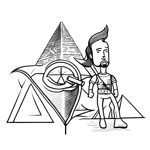 A sketch-style tattoo of an explorer standing in front of a pyramid, holding a map and compass tattoo design idea