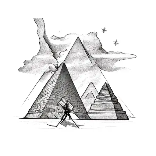 A sketch-style tattoo of an explorer standing in front of a pyramid, holding a map and compass tattoo design idea