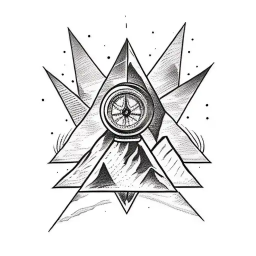 A sketch-style tattoo of an explorer standing in front of a pyramid, holding a map and compass tattoo design idea