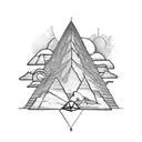 A sketch-style tattoo of an explorer standing in front of a pyramid, holding a map and compass tattoo design idea