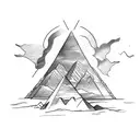 A sketch-style tattoo of an explorer standing in front of a pyramid, holding a map and compass tattoo design idea