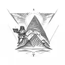 A sketch-style tattoo of an explorer standing in front of a pyramid, holding a map and compass tattoo design idea