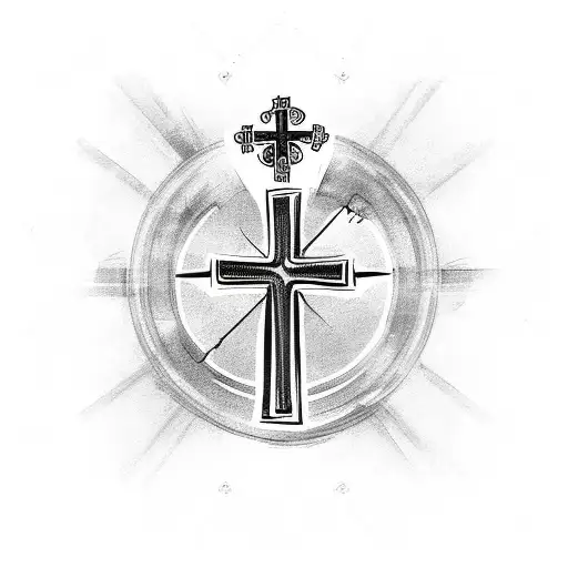 Empty Cross with heart around it and scroll with bible verse with cloudy background  tattoo design idea