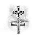 Empty Cross with heart around it and scroll with bible verse with cloudy background  tattoo design idea
