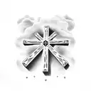Empty Cross with heart around it and scroll with bible verse with cloudy background  tattoo design idea