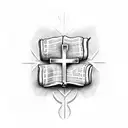 Empty Cross with heart around it and scroll with bible verse with cloudy background  tattoo design idea
