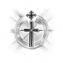 Empty Cross with heart around it and scroll with bible verse with cloudy background  tattoo design idea