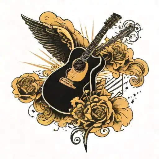 Make a tattoo for the upper arm on a man. The image is a stairway to heaven with the themes music and guitar. Only black tattoo design idea
