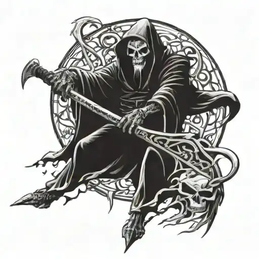 Elder Lich wielding a scythe in a dramatic pose surrounded tattoo design idea