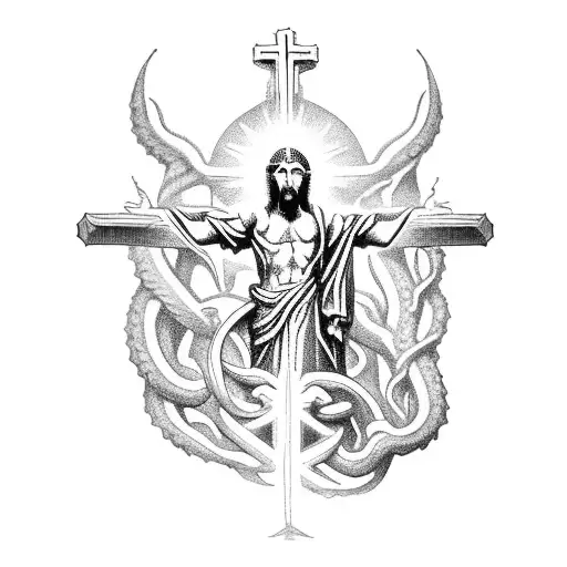 un croix de jesus au milieu de la nuque avec d'un coter une aille de dragons et de l'autre une grappe de raisin. tattoo design idea