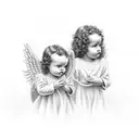 two angels looking down tattoo design idea